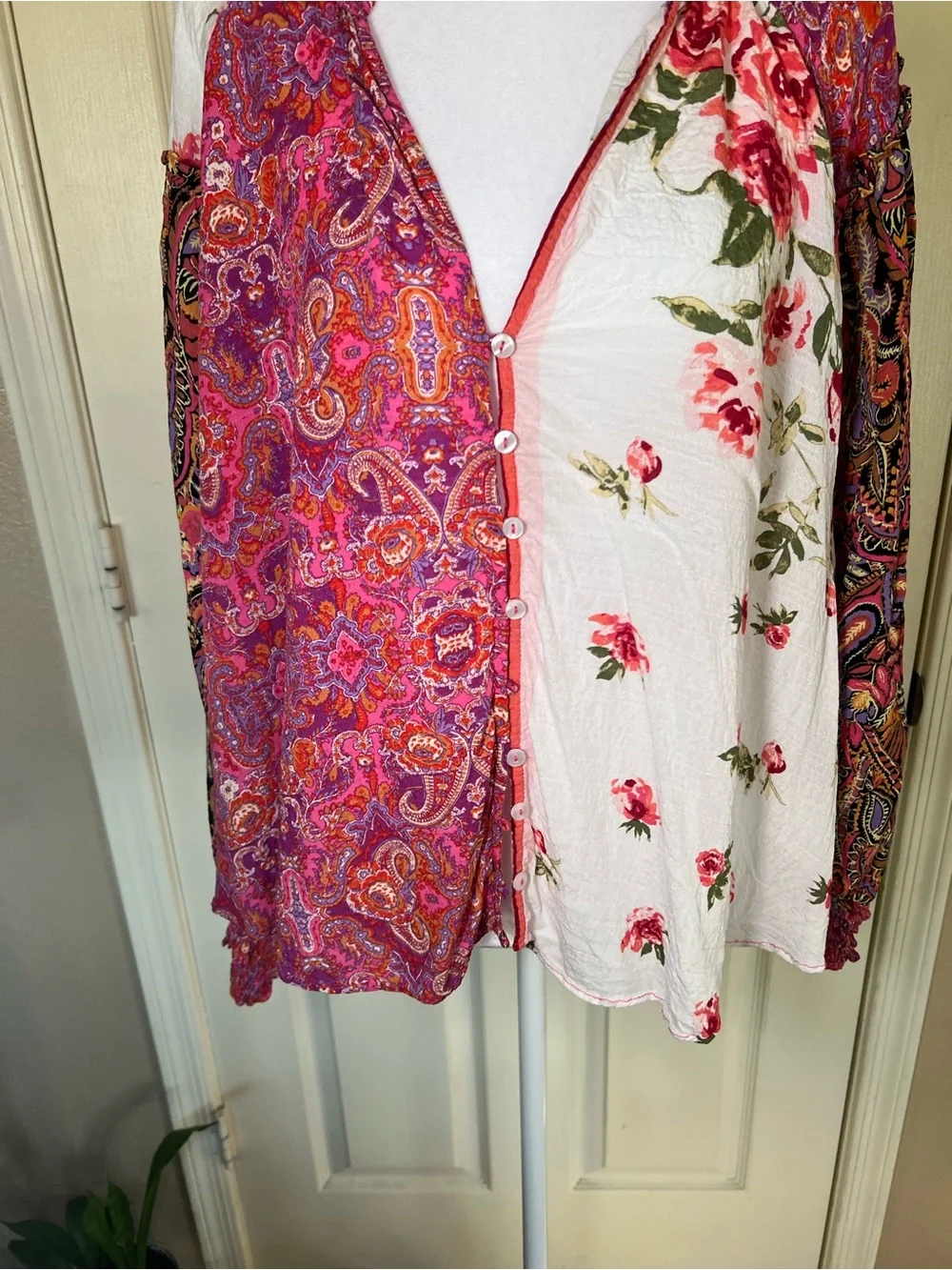 Free People Gemini Patchwork Floral Paisley Blouse Pink Boho Size L